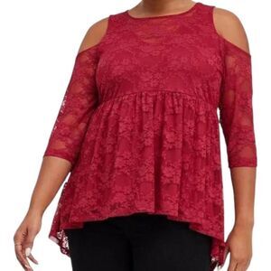 Torrid Lace Red Cold Shoulder Baby Doll Top